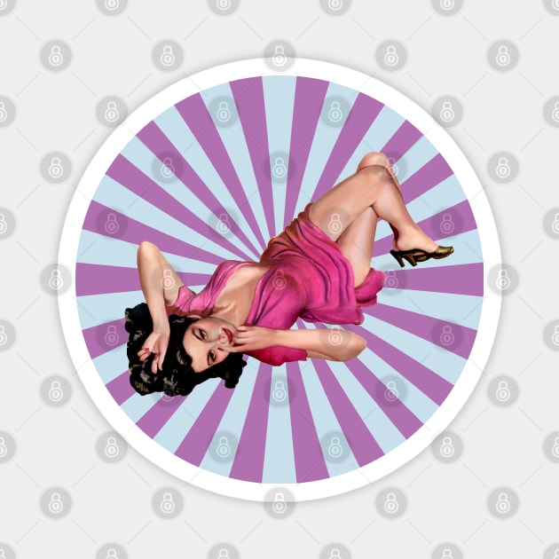 Pin-up brunette girl purple retro vintage design Magnet by AdrianaHolmesArt